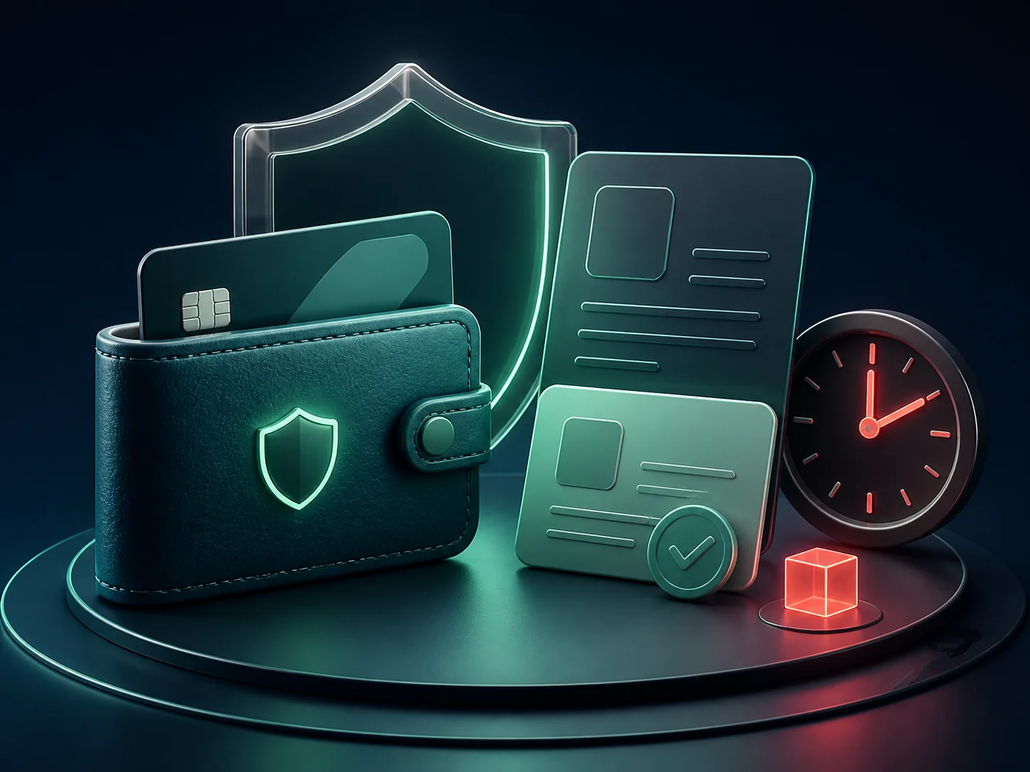 Abstraktes sicheres Wallet mit Verifizierungsunterlagen und Uhr